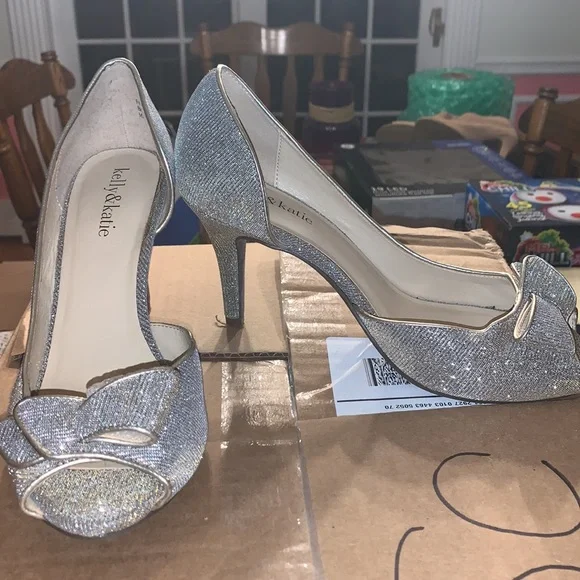 Silver and Gold Shimmery Open Toe Pumps - Picture 2 of 6
